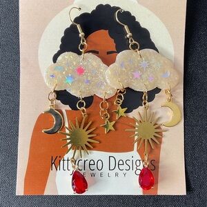 Cloud and Sun Artisan Earrings - Gold and Red Gemstones